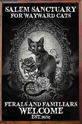 Black Cat Metal Sign,Salem Sanctuary Welcome,Wall Decor Poster Home Bedroom Kitchen Bar Farm Village Cafe 8x12 Inch