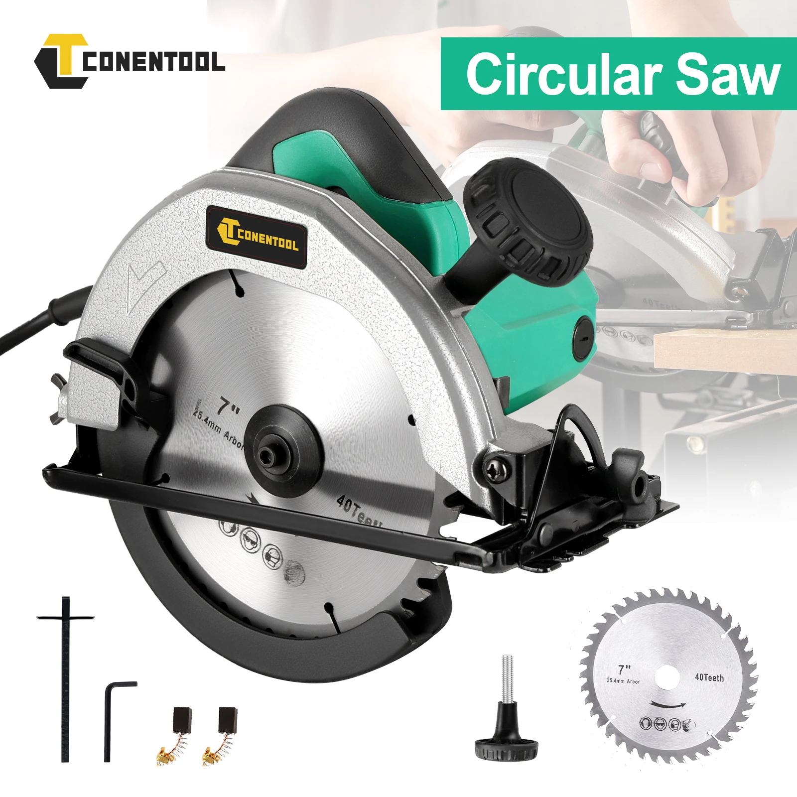 Conentool 1200W Electric Circular Saw Heavy Duty Wood Cutting Power Tool with 185mm Blade Set Multi-function Cutting Machine