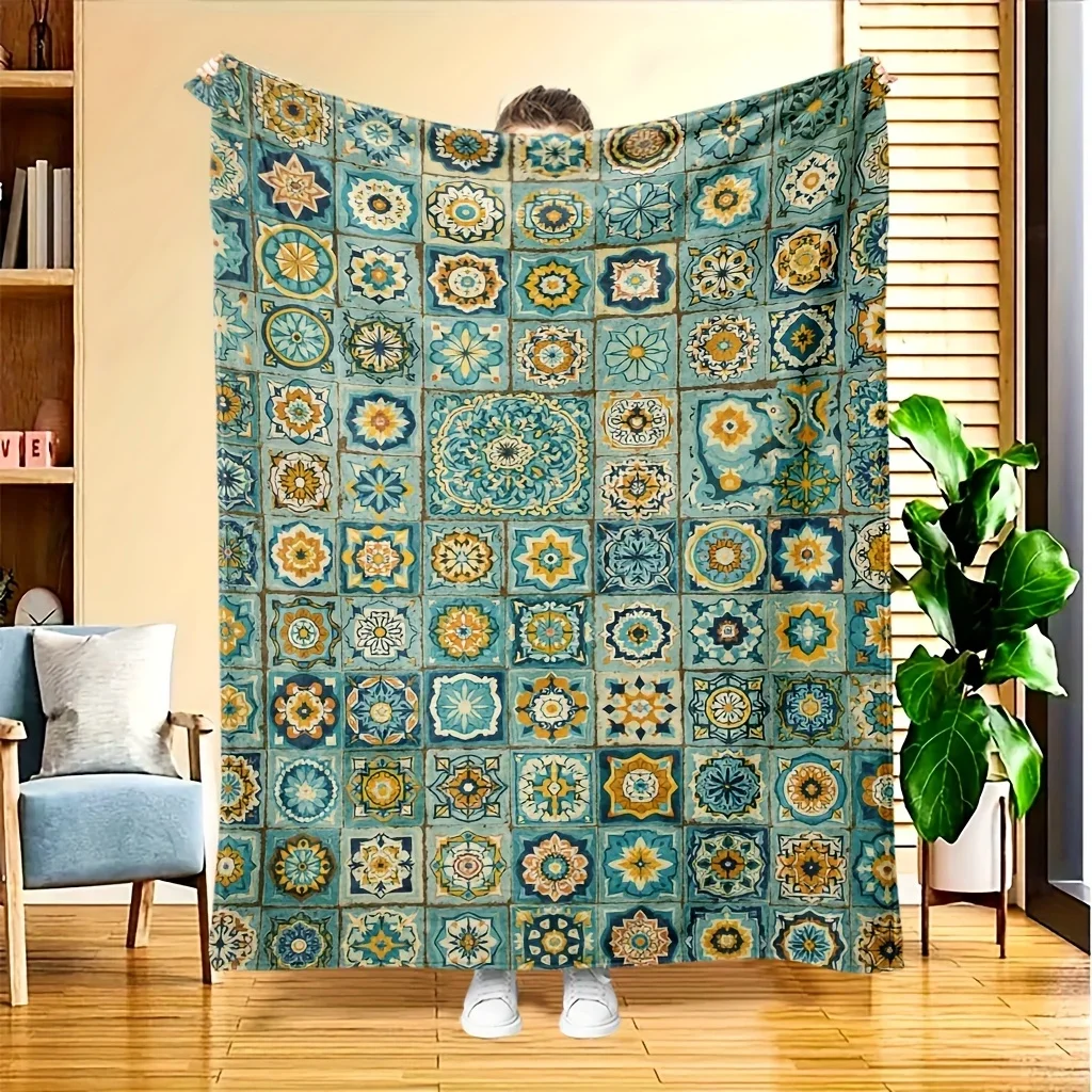 Vintage Mediterranean Floral Tile Patchwork Teal Yellow Print Soft Flannel Blanket Bohemian Throw for Sofa Bedroom Home Use