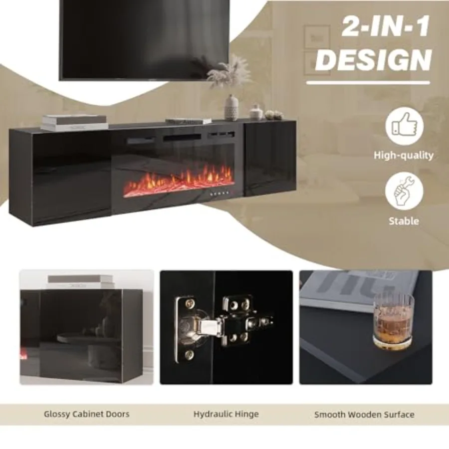 حامل تلفزيون عائم مثبت على الحائط مقاس 70 بوصة مع مدفأة كهربائية مقاس 36 بوصة مركز ترفيه عالي اللمعان مع مساحة تخزين 12 لون لهب He