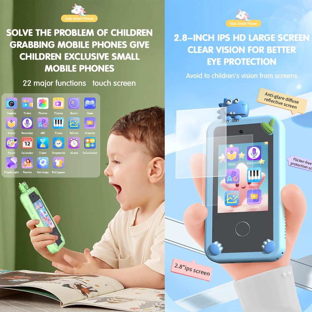 Kids Toys Phone Camera Touch Screen Baby Smart Mobile Phone MP3 Player Digital Educational Toys for Girls Boys Age 3-8Y Birthday