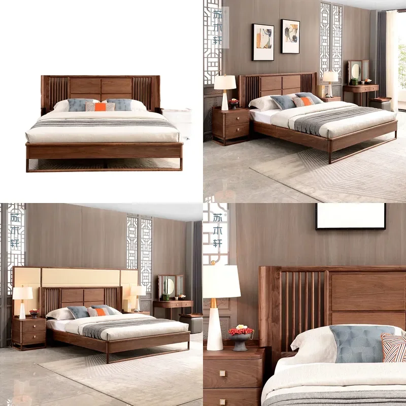 New Chinese Style Solid Wood Double Bed Simple Modern Home North American Black Walnut 1.8m Large Bed Bedroom Furniture