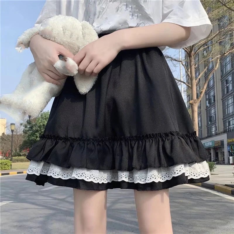 Faldas de pastel combinables con retazos de encaje de verano Y2k E-girl falda acampanada de cintura alta para Mujer 2025, nuevas Faldas negras sexis para Mujer