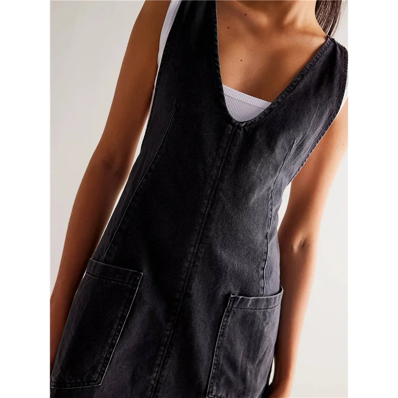 ABRT-femmes Denim salopette Mini robe bretelles réglables haut rouleau jupe décontracté Jean barboteuse robe