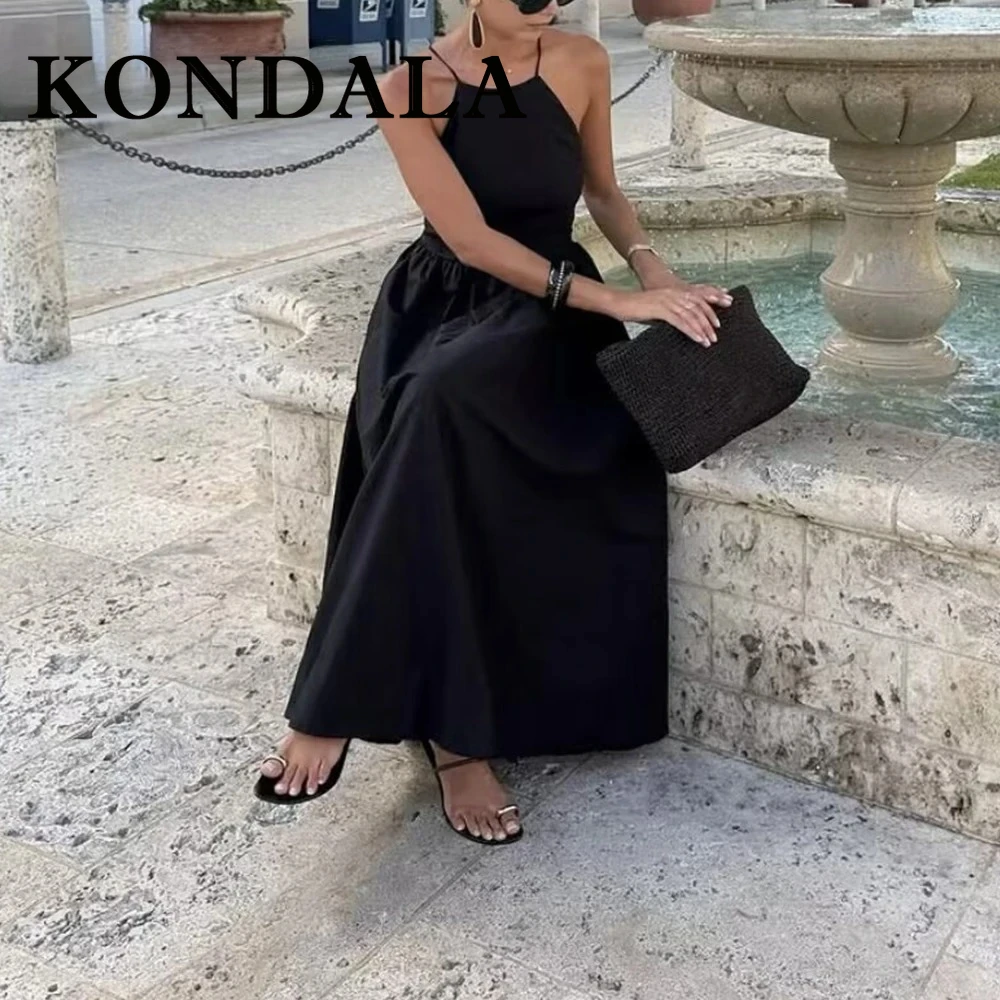 ชุดเดรสยาว KONDALA สีดำ ดีไซน์เก๋ หรูหรา เซ็กซี่ สำหรับผู้หญิง ฤดูร้อน 2025 เปิดหลัง คอเสื้อแบบผูก  แฟชั่นสำหรับงานกลางคืน ปาร์ตี้ งานวันเกิด