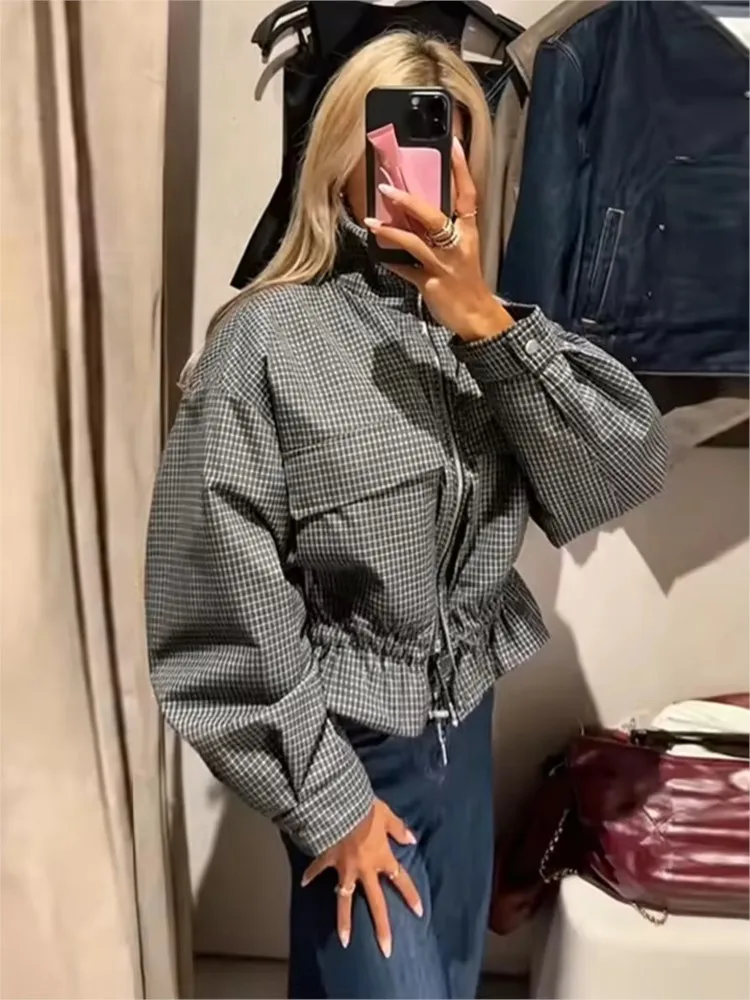 Women's Checked Puffer Jacket New 2026 Autumn Simple High Collar Long Sleeve Woman Jackets Chic Female Coats