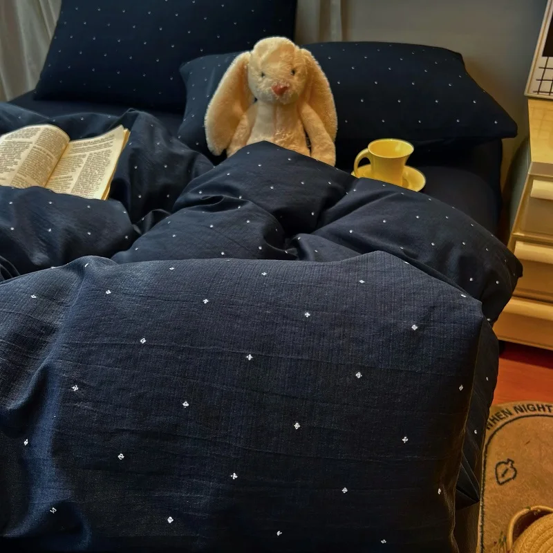 Black Starry Clouds Bedding Set, Moisture-wicking Linen Blended Pillow Case Duvet Cover 3pcs Kit,Single Twin Full
