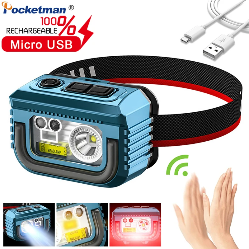 

Powerful LED Sensor Headlamp USB Rechargeable Fishing Head Flashlight Red+yellow+white Lighting 6Modes Waterproof Mini Headlight