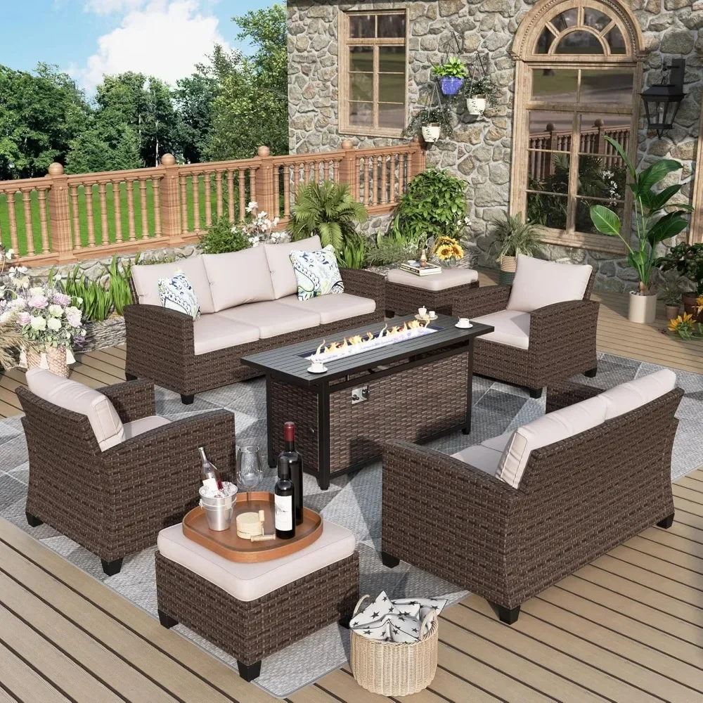 

Patio Furniture Set, 7 Pcs Wicker Outdoor Conversation Set with 4" Thick Cushion and 56" Fire Pit Table