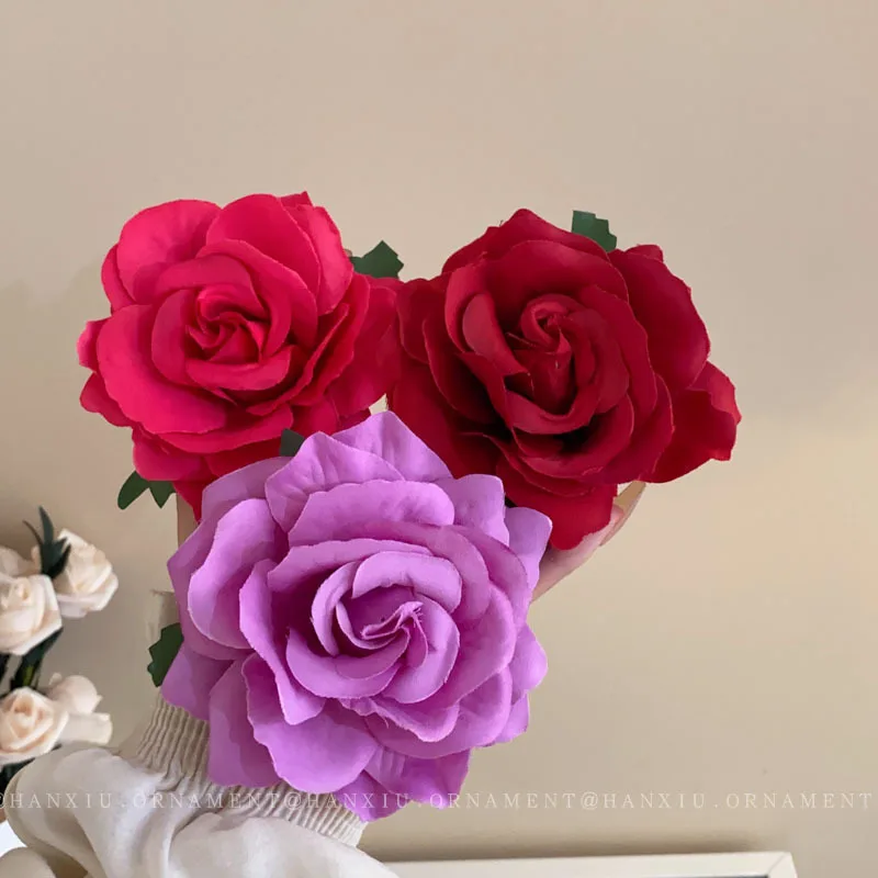 Manual Red Pink Purple Fabric Rose Duck Bill Hair Clips Brooches for Women French Romantic Fringe Side Clip New Head Accessories