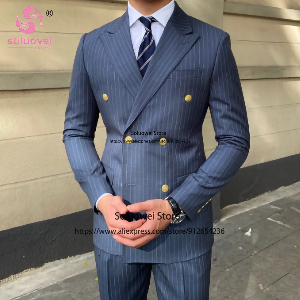 Klassische Business gestreifte Anzüge für Männer Slim Fit 2 Stück Hosen Set formelle Bräutigam Hochzeit Dinner Party Abschluss ball Zweireiher