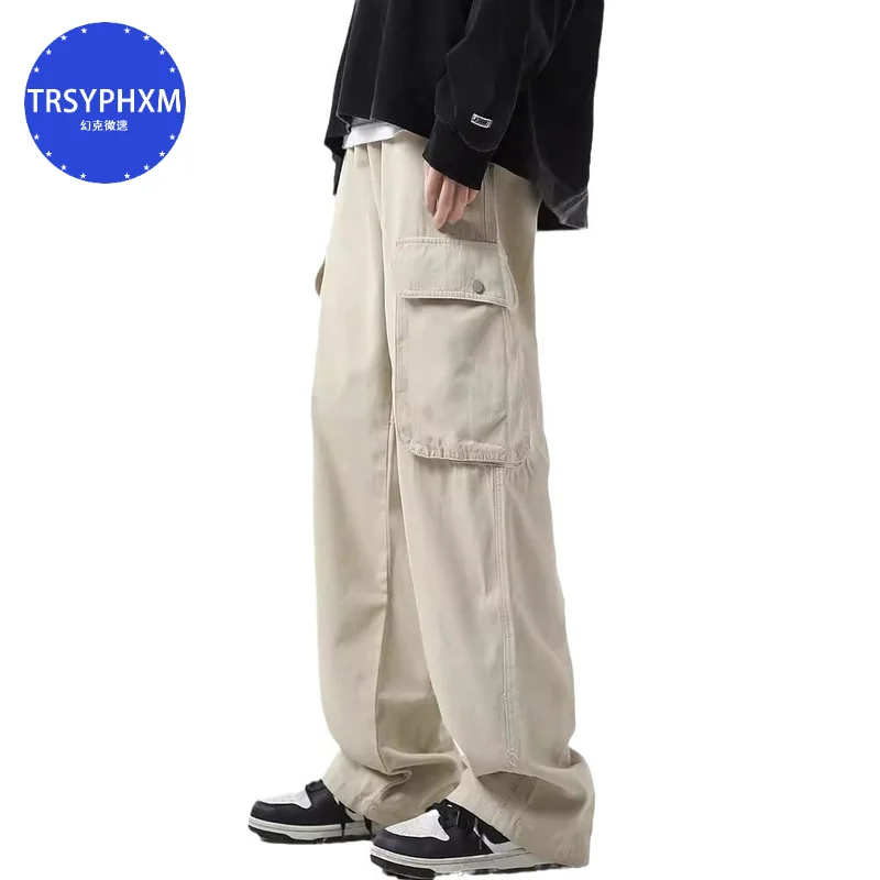 TRSYPHXM-pantalones de trabajo blancos para hombre, pantalón de ocio de pierna ancha, con múltiples bolsillos, recto, para Calle alta, novedad de verano, 2024