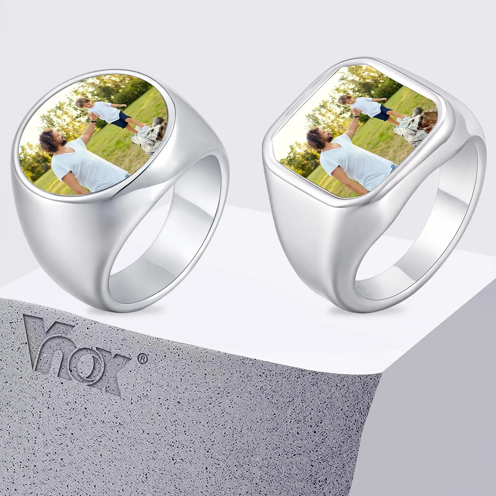 Vnox Personalized Rings with Picture, Custom Photo Stainless Steel Ring Size 7-12, Customized Memorial Jewelry for Dad Men Women
