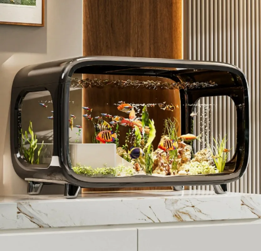Creative Transparent Ecological Fish Tank with Lid, Desktop Landscape Aquarium, Home Living Room Decorative Small Fish Tank