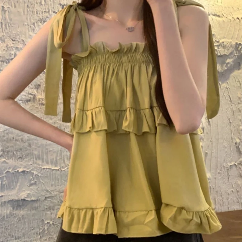 Sweet Bow Bandage Tanks Summer New Off Shoulder Solid Color Sleeveless Loose Pleated T Shirt Tops Fashion Trend Women Clothing