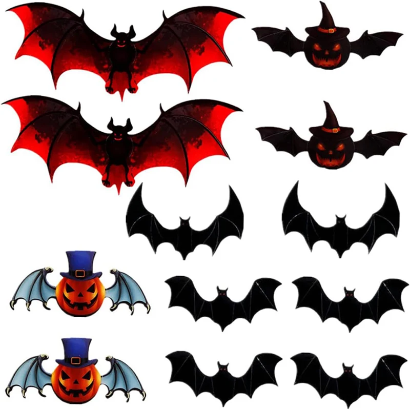 12PCS Colourful 3D Bat Pumpkin Halloween Stickers Party Decoration Wall Stickers Window Stickers