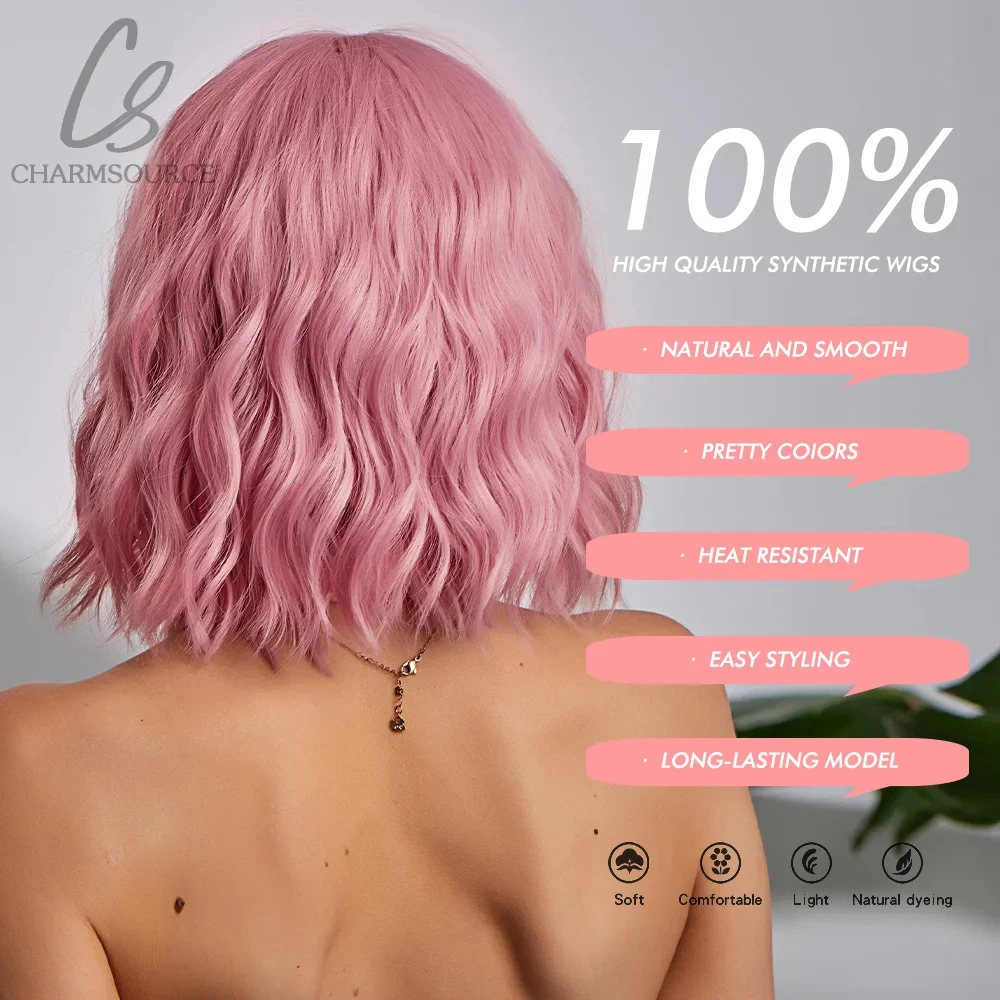 CharmSoure Pink Short Wavy Cosplay Lolita Wigs with Curly Bangs Natural Bob Synthetic Hair Wig for Women Heat Resistant Hair