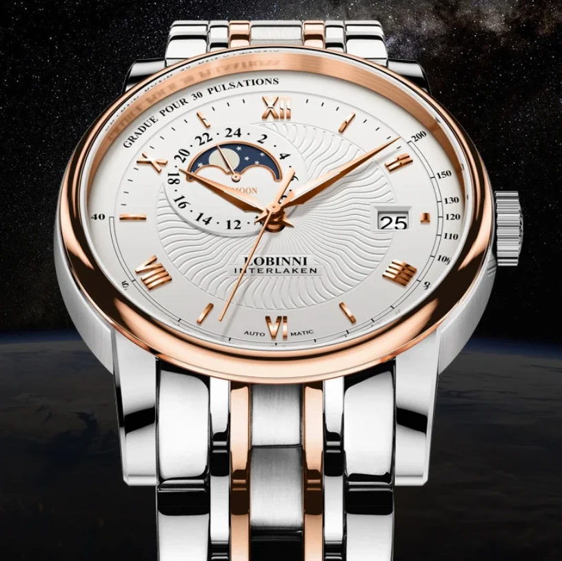 LOBINNI Men Automatic Watch 42mm Mechanical Wristwatch Waterproof Sapphire Mirror Date 24 Hours Steel Strap