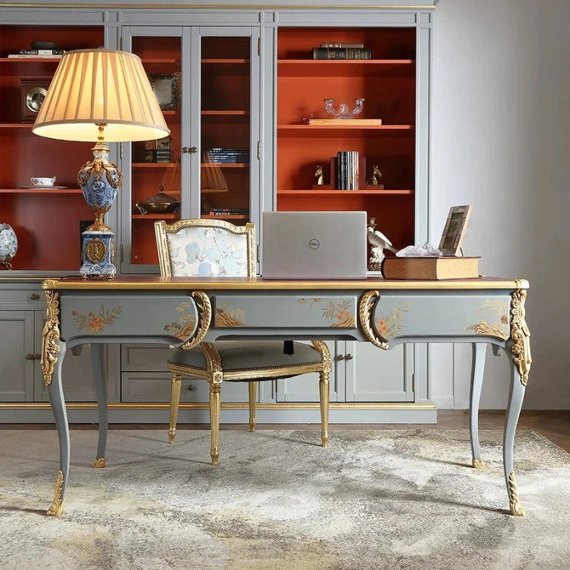 YJQ French light luxury hand-painted gold-painted carved solid wood desk and chair European retro office bookcase