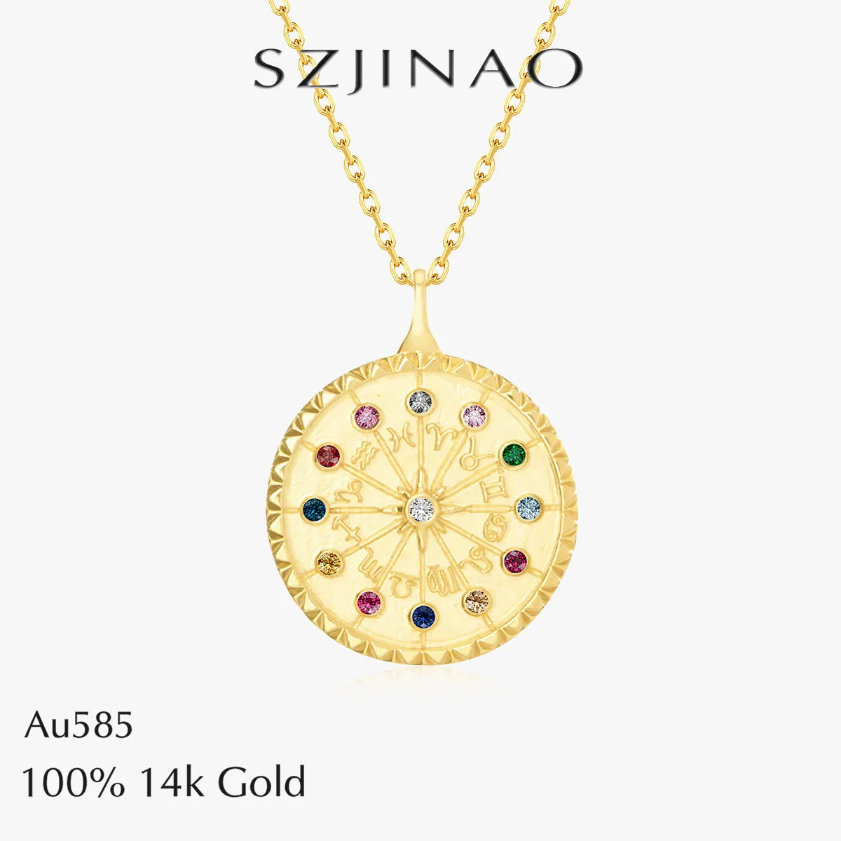 12 Zodiac Signs Pendant 100% 14K Gold for Women Sun Astrology Horoscope Necklace Colorful Gemstone Jewelry Birthday Gifts
