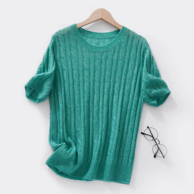 Summer New Silk round Neck Short Sleeve Women's Fashion Cable Cashmere Knitwear Solid Color T-Shirt
