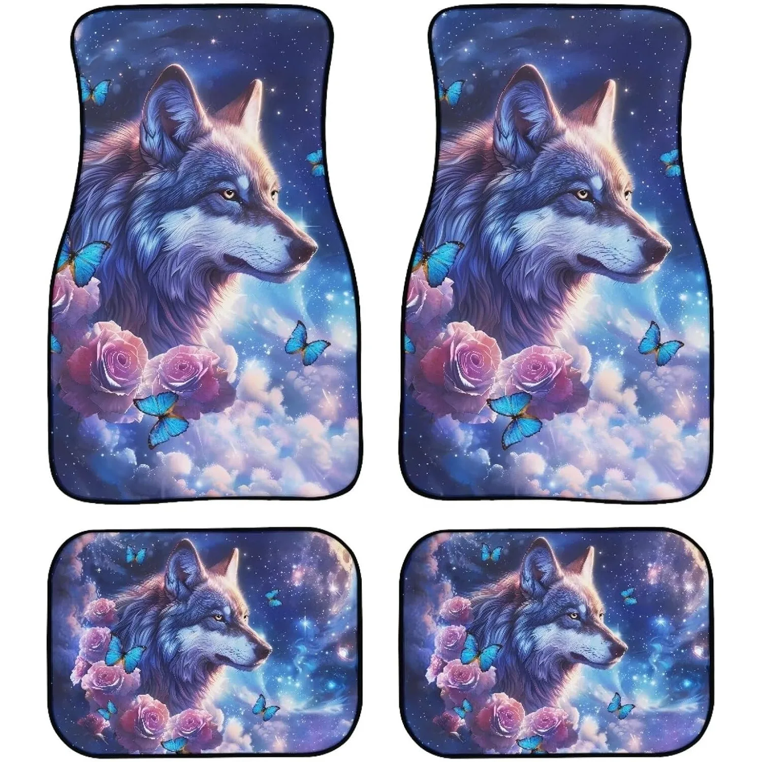 Butterfly Wolf Car Floor Mats Designed For Women, Featuring Pink Floral Roses. This Complete Set Includes 4 Decorative Mats That