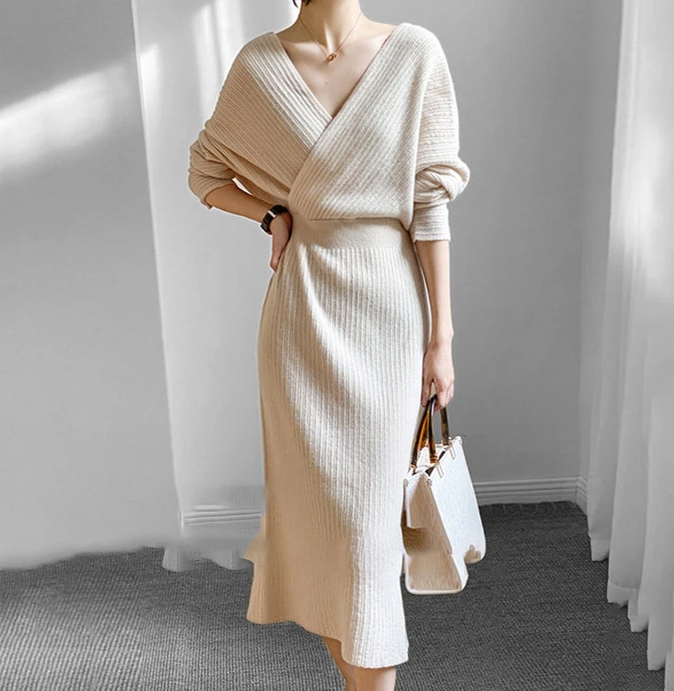 

Elegant Knitted Midi Sweater Dresses for Women Autumn Winter Long Sleeve High Waist Bodycon Chic Pencil Dress Vestidos New