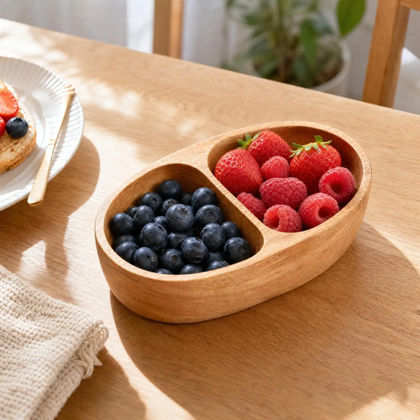 Boat-Shaped Serving Tray with Two Compartments Polished Wooden Fruit Tray with Raised Divider Divided Serving Dish for Afternoon