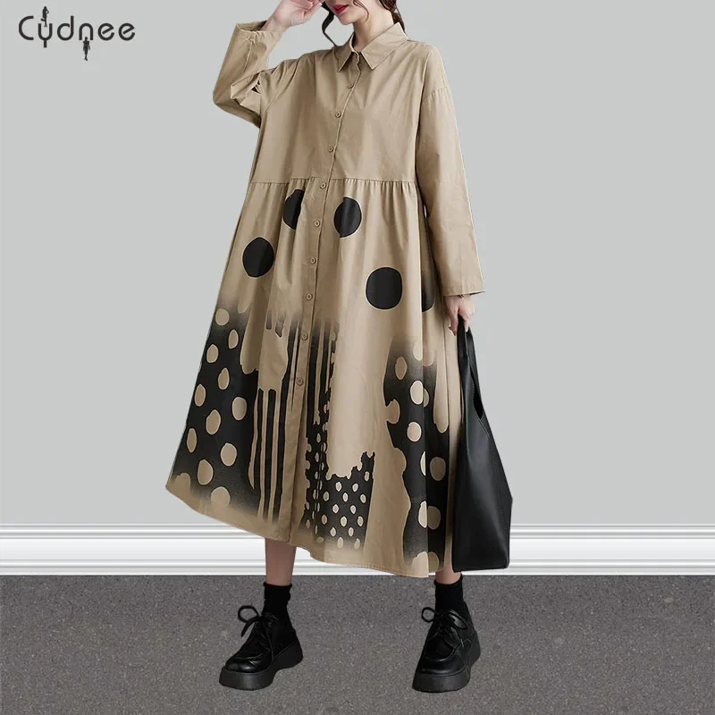 Japanese Yamamoto Dark Style Patchwork Polka Dot Print Loose Chic Street Fashion Women Spring Long Sleeve Casual Shirt Dresses