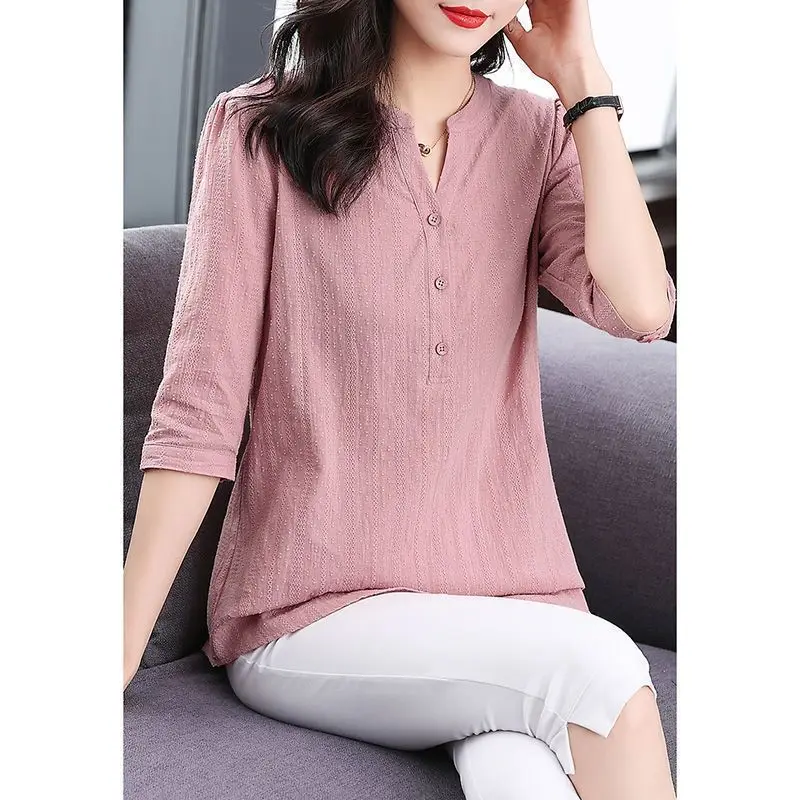 Korean Simple V Neck Half Sleeve Solid Loose Ladies Tops 2023 Summer Fashion Elegant Vintage Embroidery Shirts Blouses for Women