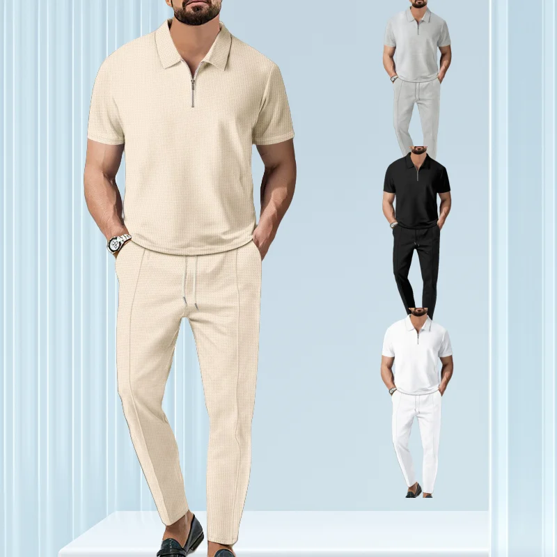 2025 Spring summer casual sports suit crazy street men's solid color suit Waffle collar short sleeve zipper pants youth suit