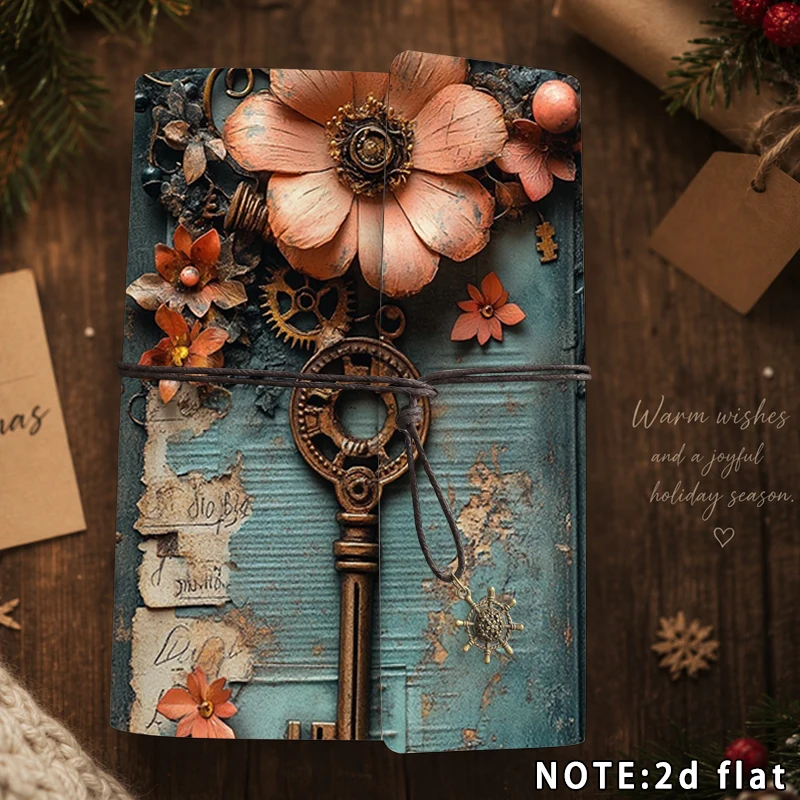 A5 Notebook Vintage Old Key Floral Steampunk Pattern Travel Journal, 2D Flat Writing Diary Stationery Gift For Retro Art Lover