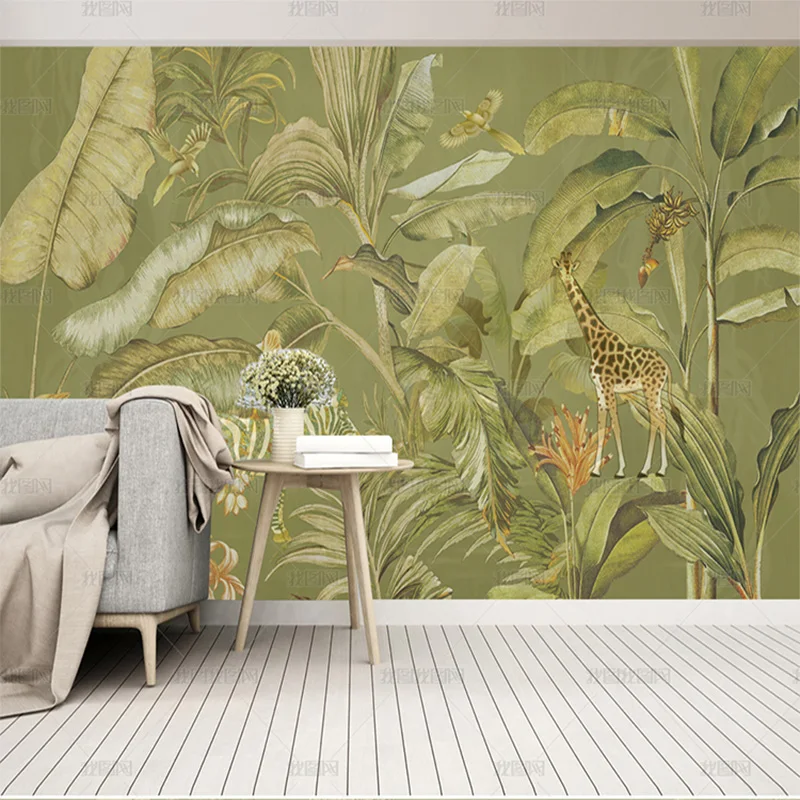 custom 3d Northern Europe hand painted retro tropical plant wallpaper zebra giraffe living room TV background wall bedroom 8d