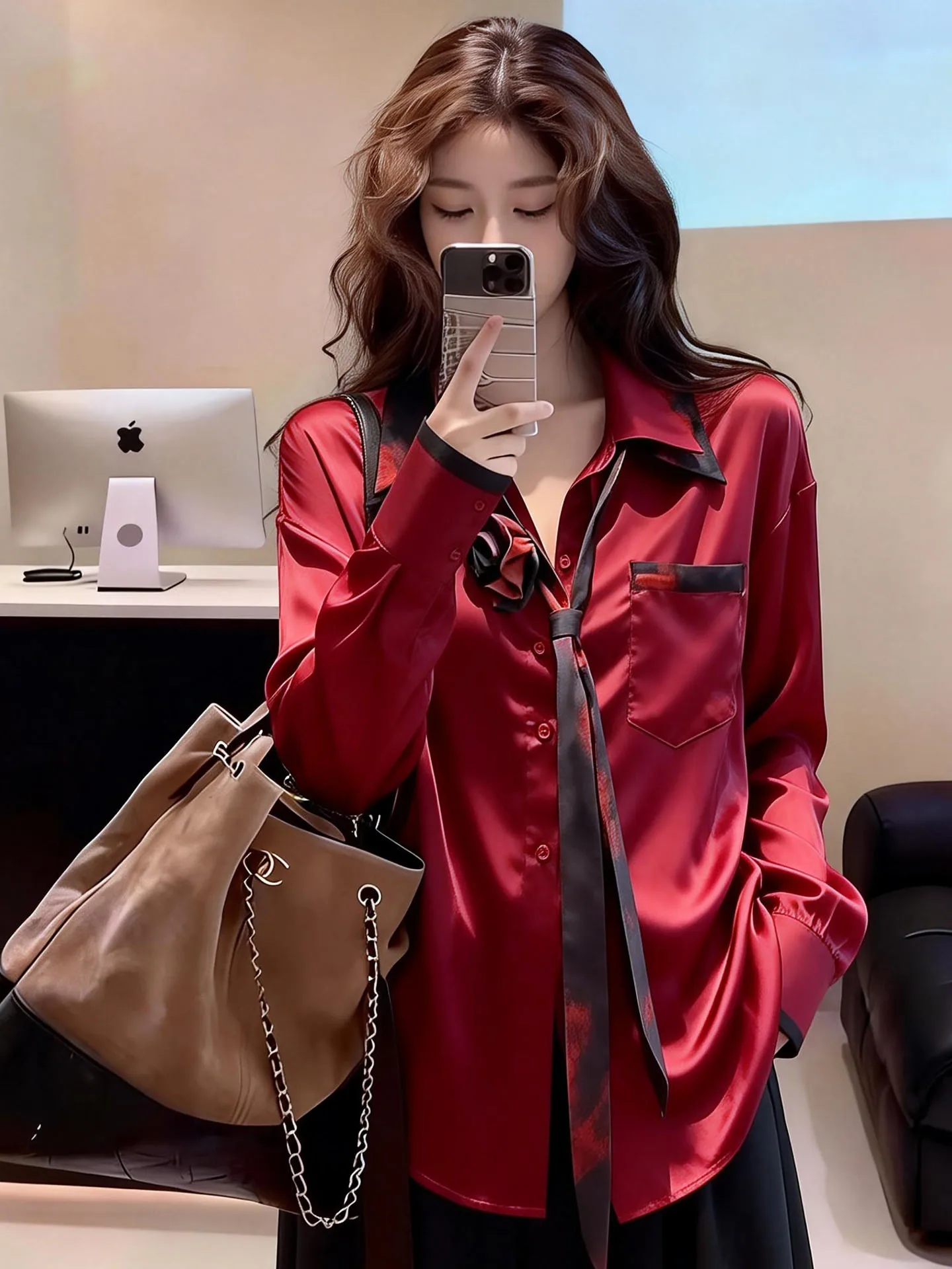 

Ele Red Long Sve irt for Women Luxury Sle Turn-down Collar Unique Design Spring 2026 Casual Comfortable Top