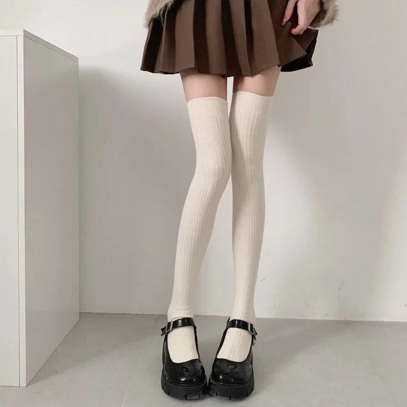 

Socks Woman Autumn and Winter Thick Warm Solid Color Knee High Stockings Black White Vertical stripes Thigh High Socks for Women