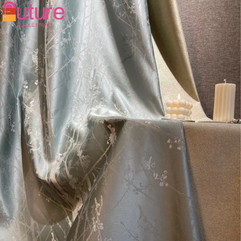 

New French style high-precision leaf jacquard crystal blue light luxury curtains Curtains for Living dining room bedroom