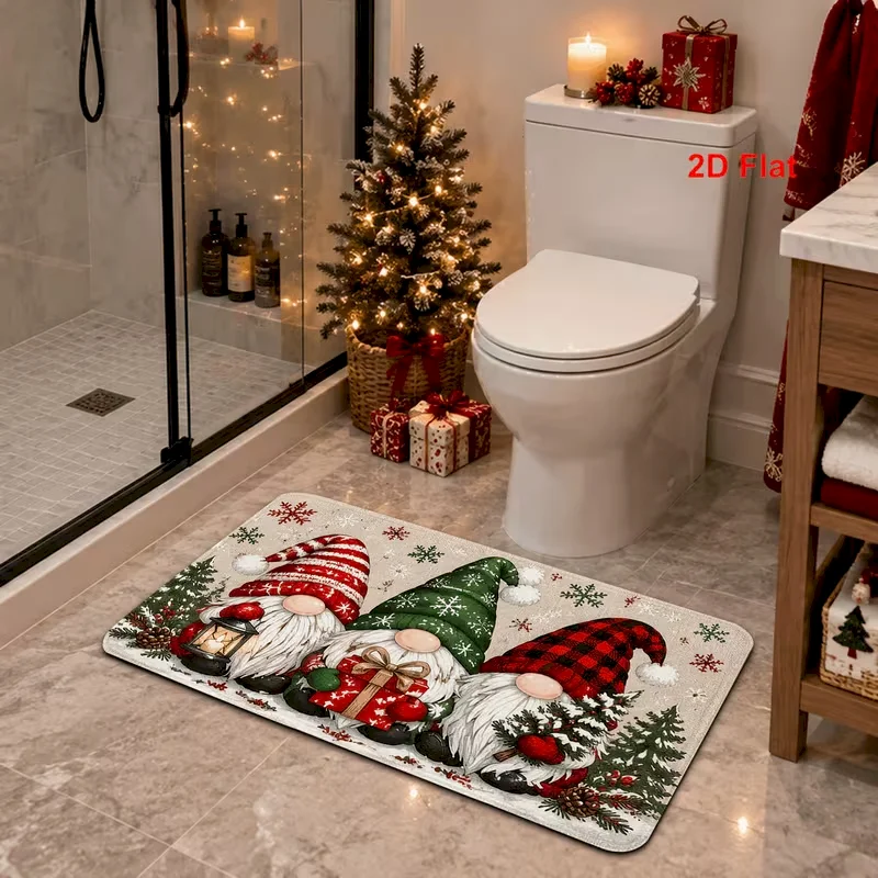 VIKAMA Christmas Doormat Non Slip Absorbent Washable Floor Mat Christmas Gnomes Trio Swedish Tomtes Pine Decor