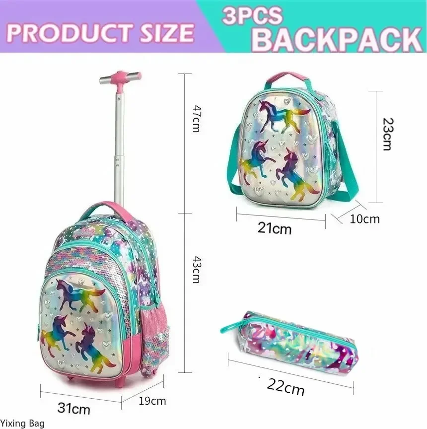 Crianças mochila escolar com rodas conjunto saco de escola meninas estudante elementar lantejoulas mochila viagem bagagem trole sacos