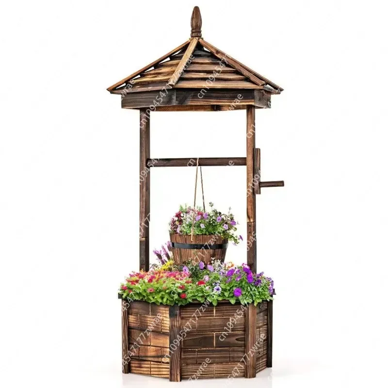 1PC Rustic Wooden Wishing Well with Adjustable Hanging Bucket for Flower Pots & Planters