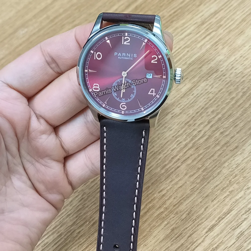 Parnis 41.5มม. นาฬิกาข้อมือแบบลำลองสำหรับผู้ชายสายหนังสีน้ำตาล