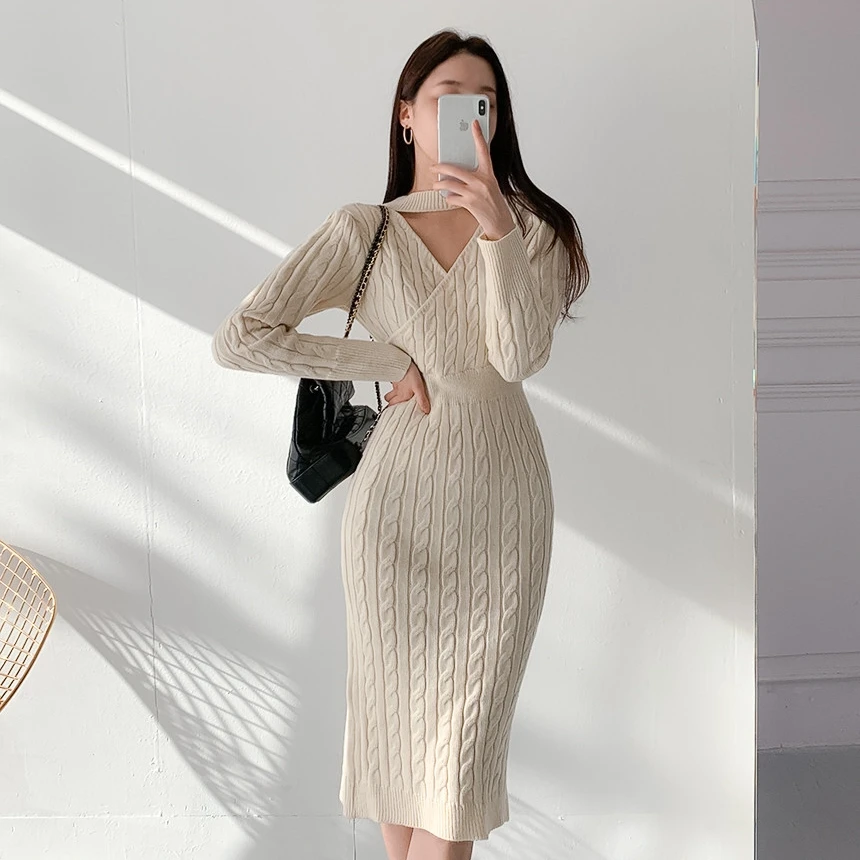 

MiiiiX Office Lady French Elegant Style Knitted Dress Women's 2024 Autumn Hollow Vent Design Long Sheath Dress Female Clothes