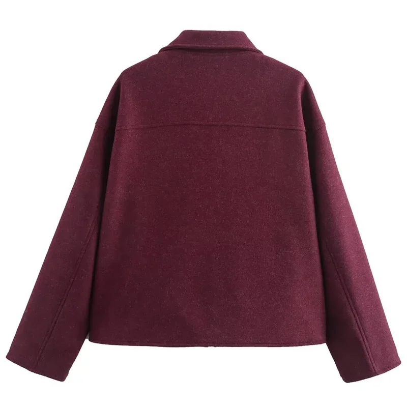 TRAF Crop Burgundy Jacket Woman 2024 Kurtka damska Jesień Zima Długi rękaw Zamek błyskawiczny Duże kieszenie Odzież wierzchnia Eleganckie płaszcze