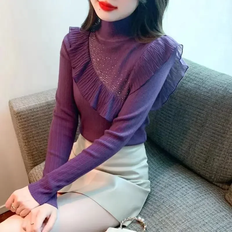 Purple Ruffles Ladies Pullovers Sequin Turtleneck Women's Knit Sweater with Rhinestones Cheap Top on Promotion Offers Thermal