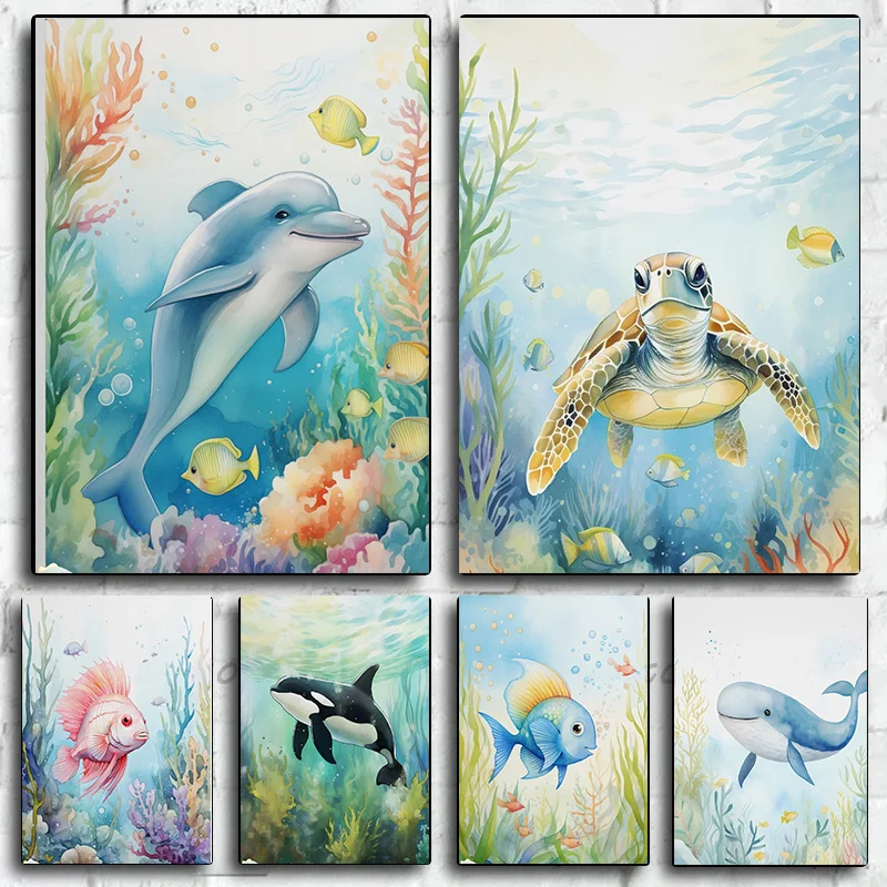 Sea Watercolor Ocean Jellyfish Shark Clownfish Blue Whale Angelfish Poster Wall Art Pictures Canvas Painting Room Home Decor