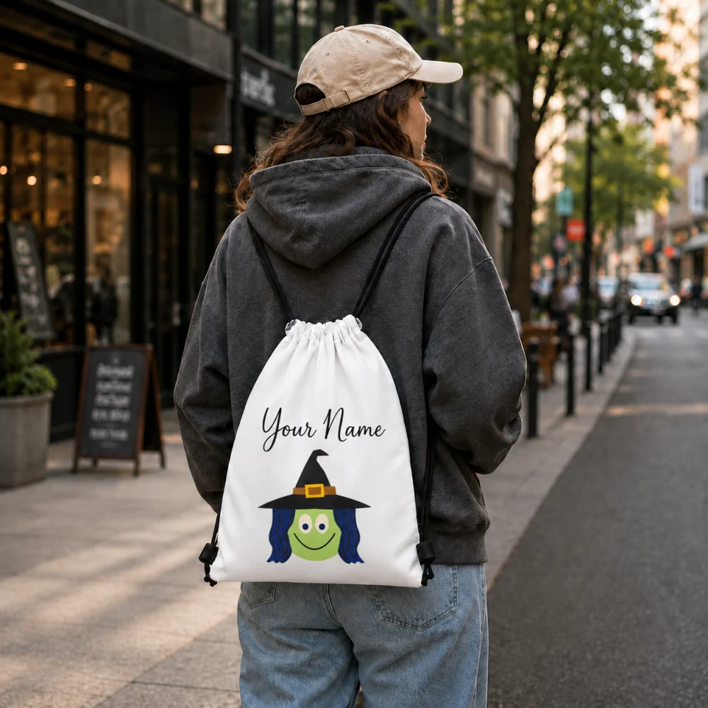 Custom Your Name Cute Cartoon Witch Drawstring Backpack, Halloween Witch Face Print Lightweight String Storage Bag, Holiday Gift