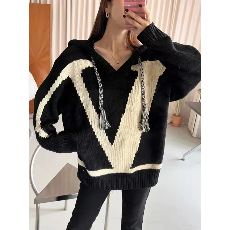 

Unisex Oversized Hooded Sweater with Bear Ears & Drawstring, Color Block Pullover, Cozy Winter Knitwear, Couple Gift Knitwear