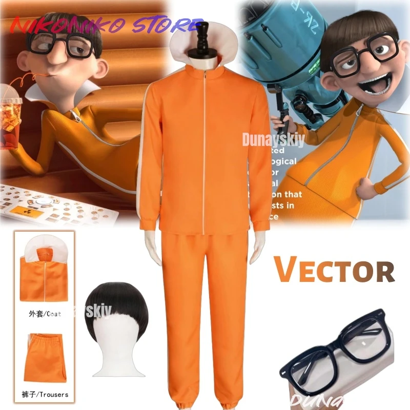 Movie Vector Cosplay Costume Orange Jakect Pant Glasses Outfits Set Mushroom-shaped  Wig Halloween Fancy Suit Party Suit