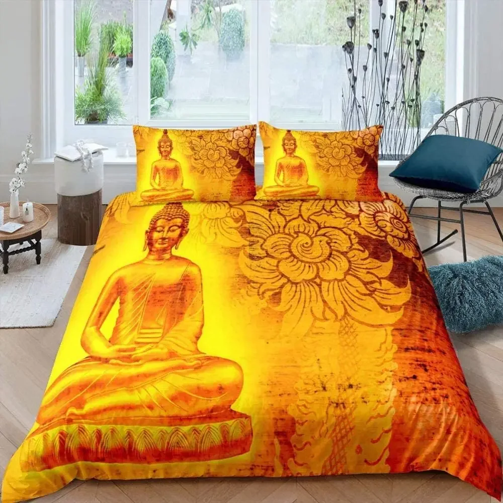 Mandala Buddha Duvet Cover Set,Bohemian Bedding Set Golden Black Lotus Flowers Print Luxury Microfiber Polyester Comforter Cover