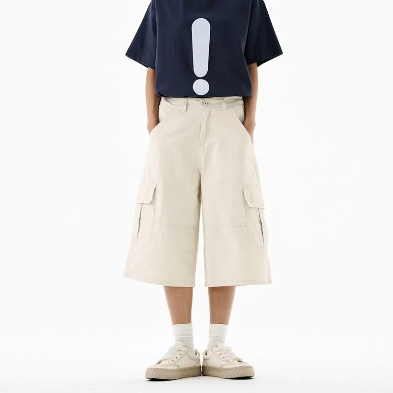 

Повседневные свободные шорты-карго с карманами в американском стиле, мужские летние корейские модные однотонные мешковатые прямые широкие короткие брюки