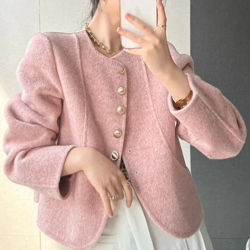 MEXZT Cropped Blends Women Vintage Elegant Short Wool Coat Korean Single Breasted Jackets Sweet Casual All Match Outerwear Tops